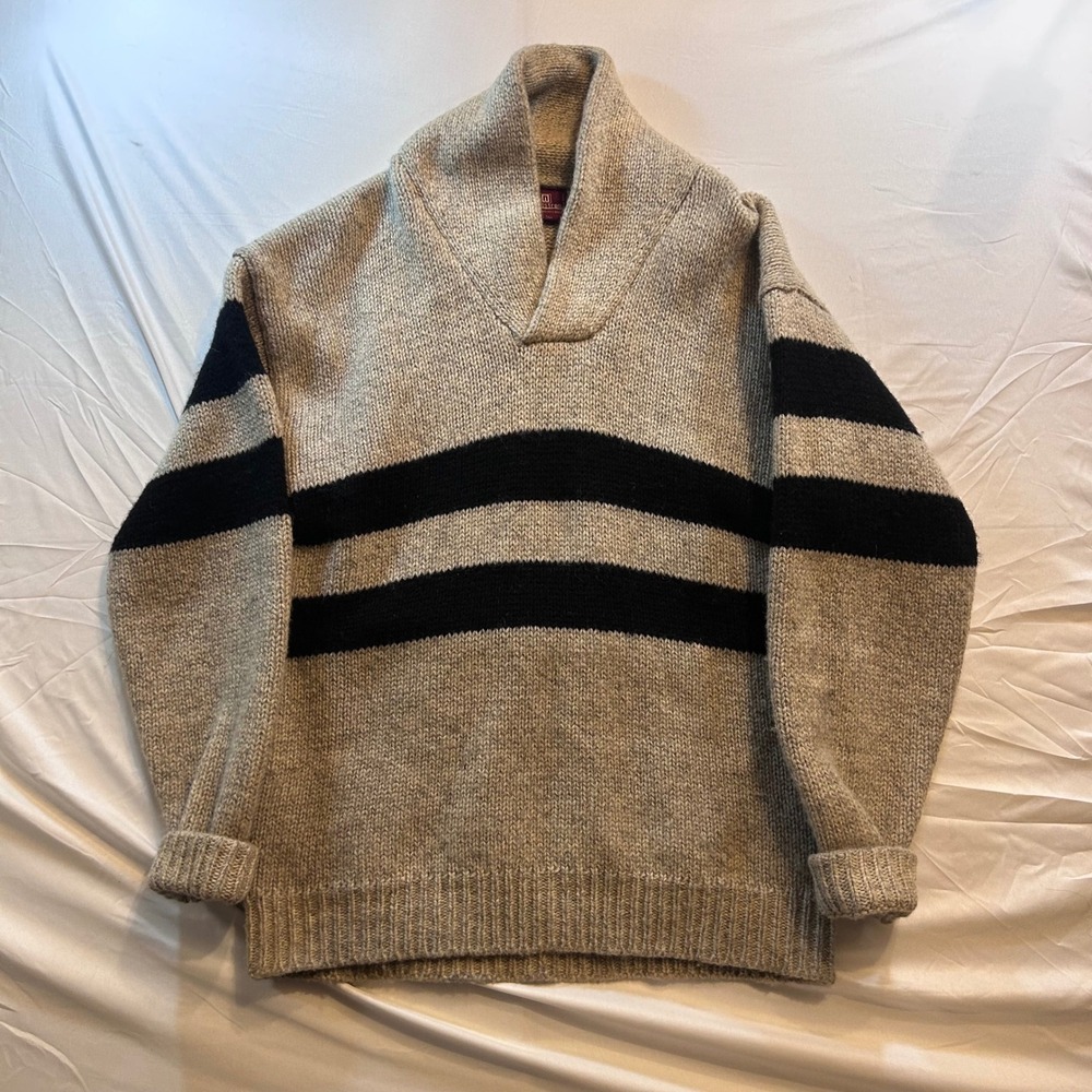 Nordstrom Vintage Shetland Wool Shawl Collar Striped Sweater Gray Black L-Tall - Picture 1 of 4